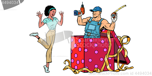Image of drill worker holiday gift box. African woman funny reaction isolate on white background