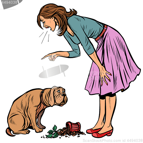 Image of Woman scolds guilty dog. Broken pot with flower isolate on white background