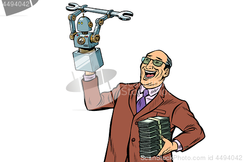 Image of Inventor engineer and robot. isolate on white background