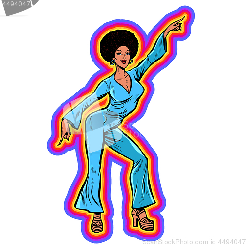 Image of Disco woman dancing, eighties style 80s. Afro hairstyle