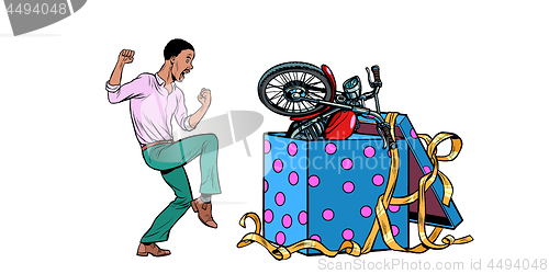 Image of african Man and motorcycle holiday gift box, isolate on white background
