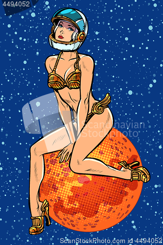 Image of pin up girl. Attractive sexy astronaut woman alien in a futuristic retro costume