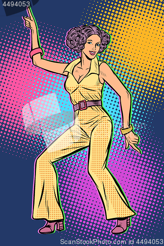 Image of girl in pantsuit. woman disco dance 80s background