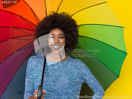 Image of black woman holding a colorful umbrella