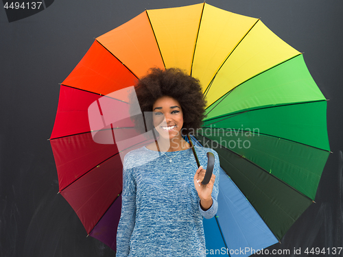 Image of african american woman holding a colorful umbrella