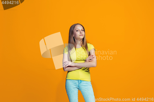 Image of Young serious thoughtful teen girl. Doubt concept.