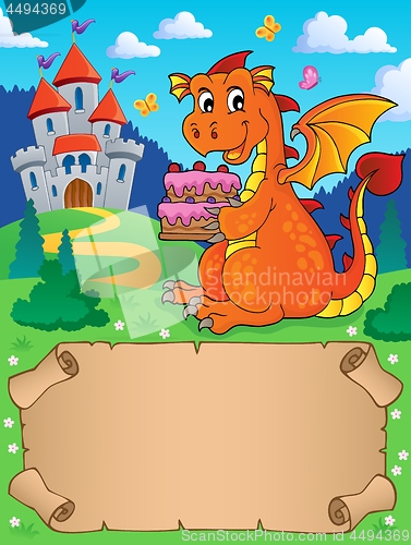 Image of Small parchment and dragon holding cake