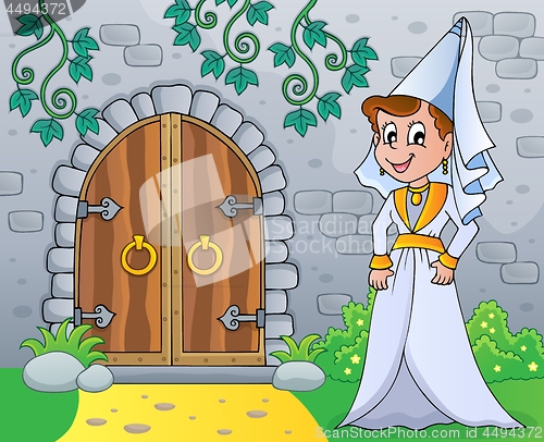 Image of Medieval lady by old door theme image 1