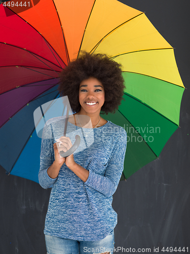 Image of african american woman holding a colorful umbrella