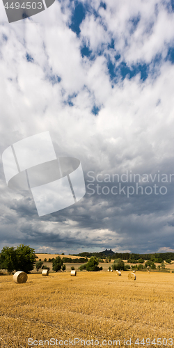 Image of Landscape with field and Trosky Castle in summer, Czech Republic