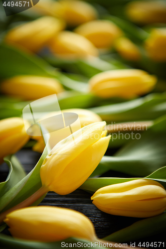 Image of Yellow tulips placed on black table. Top view with flat lay