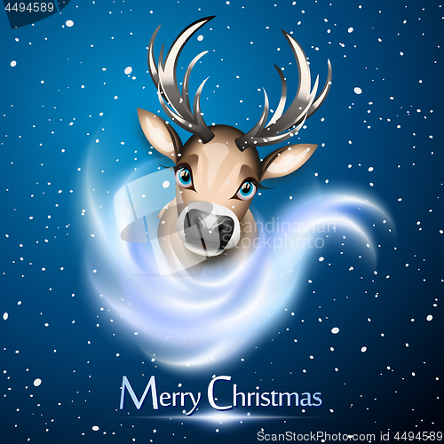 Image of Christmas card with cute reindeer over blue