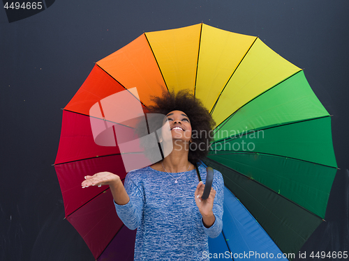 Image of african american woman holding a colorful umbrella