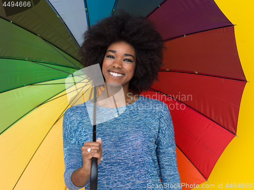 Image of black woman holding a colorful umbrella