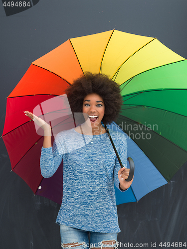 Image of african american woman holding a colorful umbrella