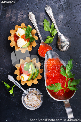 Image of tartalets, butter and salmon caviar