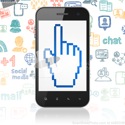 Image of Social media concept: Smartphone with Mouse Cursor on display