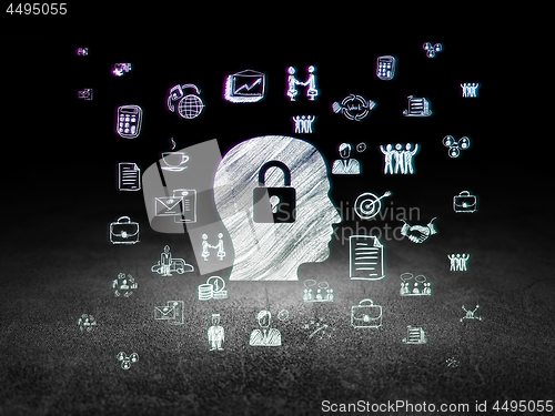 Image of Finance concept: Head With Padlock in grunge dark room