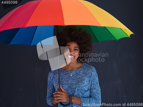 Image of african american woman holding a colorful umbrella