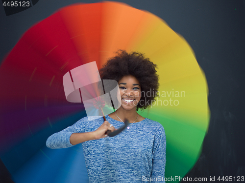 Image of african american woman holding a colorful umbrella