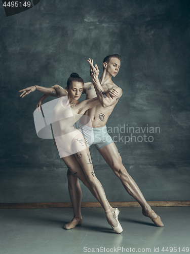 Image of The young modern ballet dancers posing on gray studio background