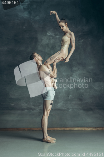 Image of The young modern ballet dancers posing on gray studio background