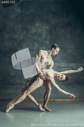 Image of The young modern ballet dancers posing on gray studio background