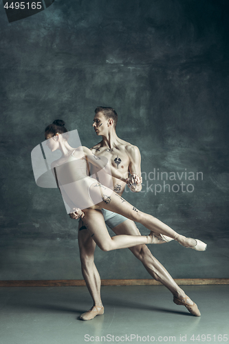 Image of The young modern ballet dancers posing on gray studio background