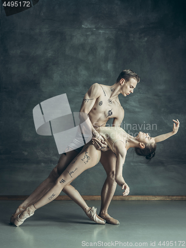 Image of The young modern ballet dancers posing on gray studio background