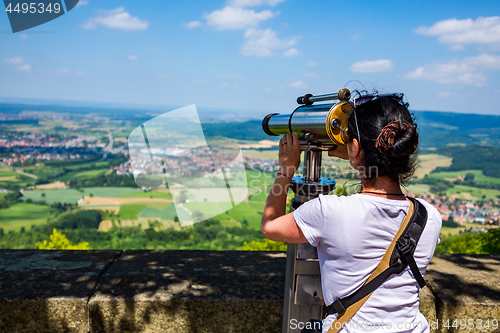 Image of Woman tourist on the observation deck, viewing platform Hohenzol