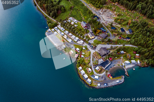 Image of Beautiful Nature Norway Aerial view of the campsite to relax.