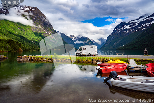 Image of Family vacation travel RV, holiday trip in motorhome