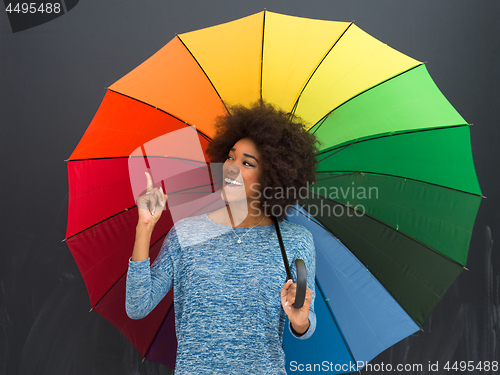 Image of african american woman holding a colorful umbrella