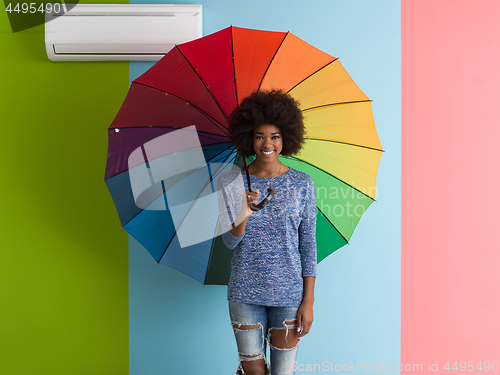 Image of young black woman holding a colorful umbrella