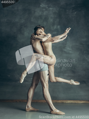 Image of The young modern ballet dancers posing on gray studio background