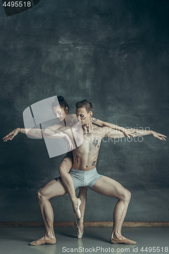 Image of The young modern ballet dancers posing on gray studio background