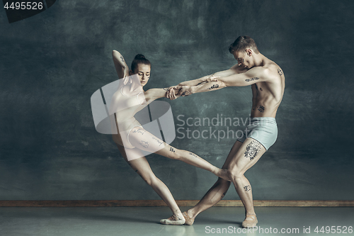 Image of The young modern ballet dancers posing on gray studio background