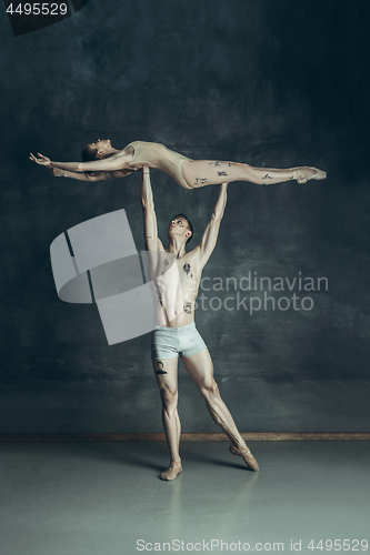 Image of The young modern ballet dancers posing on gray studio background