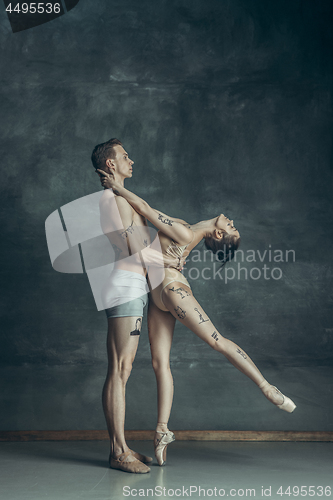 Image of The young modern ballet dancers posing on gray studio background