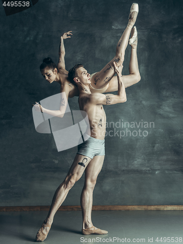 Image of The young modern ballet dancers posing on gray studio background