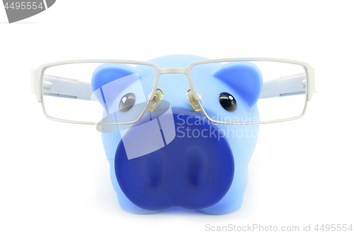 Image of Blue piggy bank with glasses