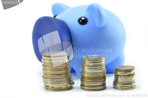 Image of Blue piggybank with coins