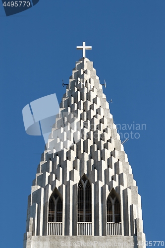 Image of Reykjavik cathedral exterior tower top detail