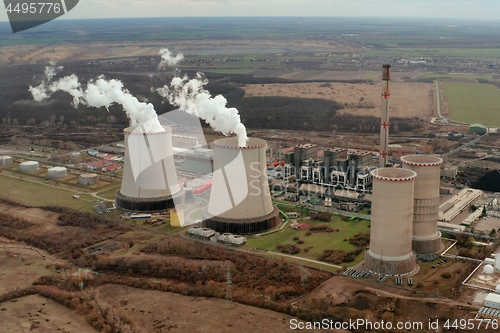Image of Power plant cooling tower aerial view