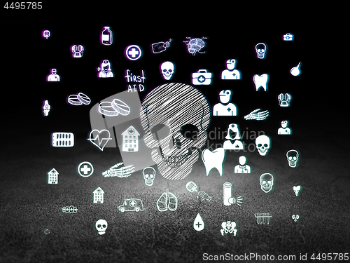 Image of Medicine concept: Scull in grunge dark room