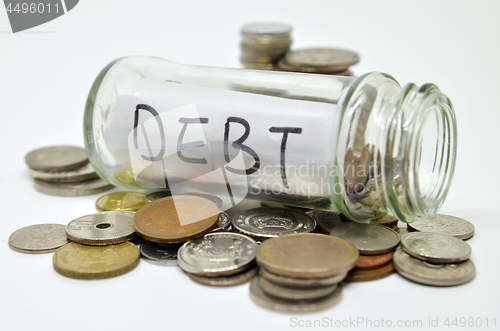 Image of Debt lable in a glass jar with coins spilling out