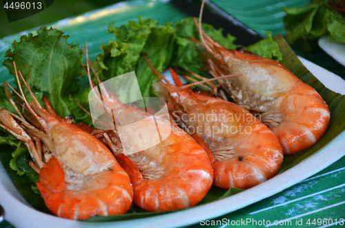 Image of Jumbo shrimps prawn in Thai street food market