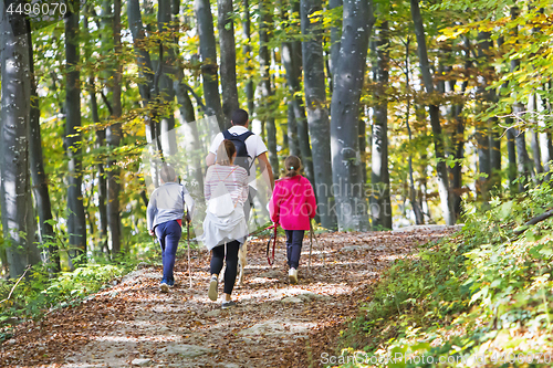 Image of Couple with kids and dog walking by hiking trail in the autumn forest