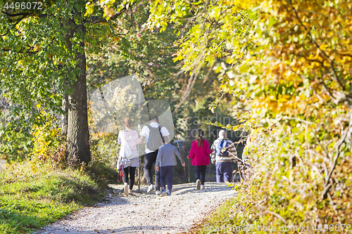 Image of Group of people walking by hiking trail in the autumn forest