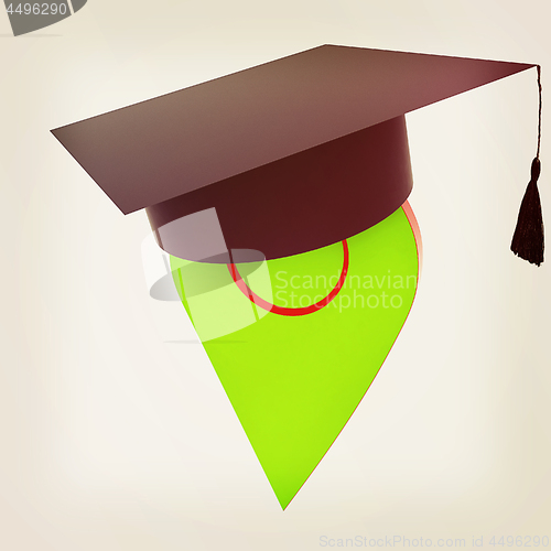 Image of Geo pin with graduation hat on white. School sign, geolocation a